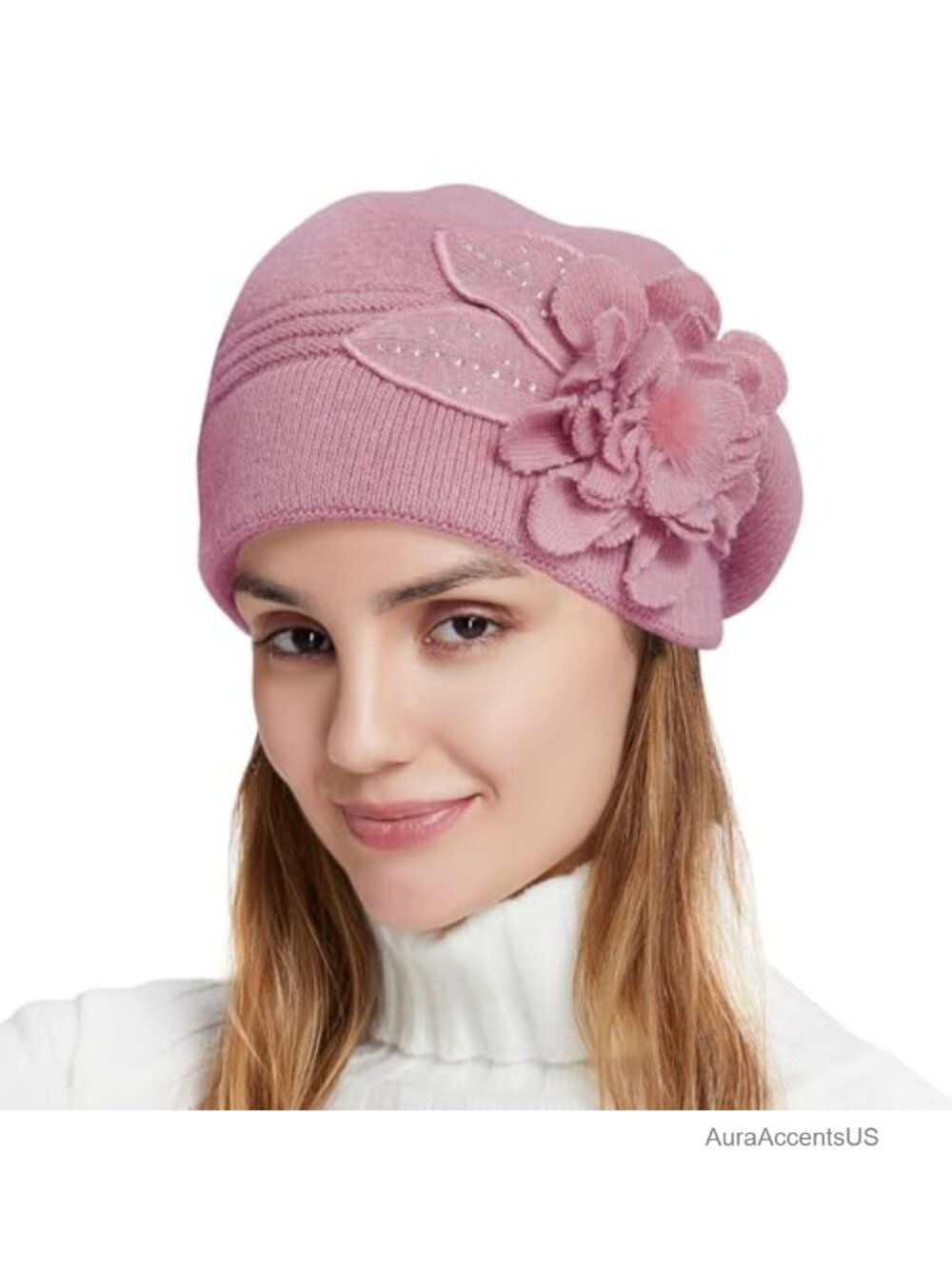 Wool Blend Beret French Knitted Beanie Floral Embroidered Winter Hat